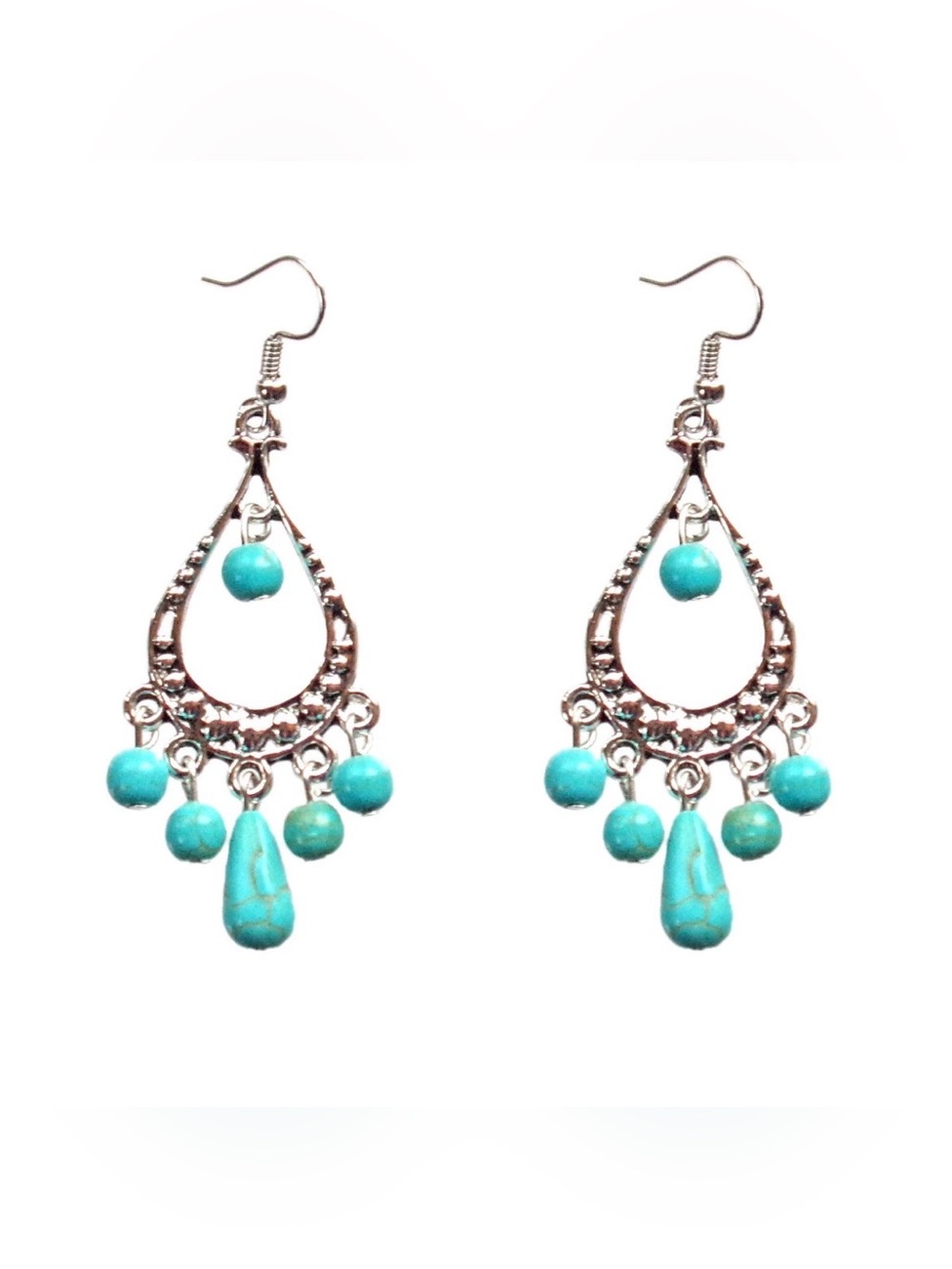 Turquoise stone chandelier silver earrings with round and teardrop stones  NEW